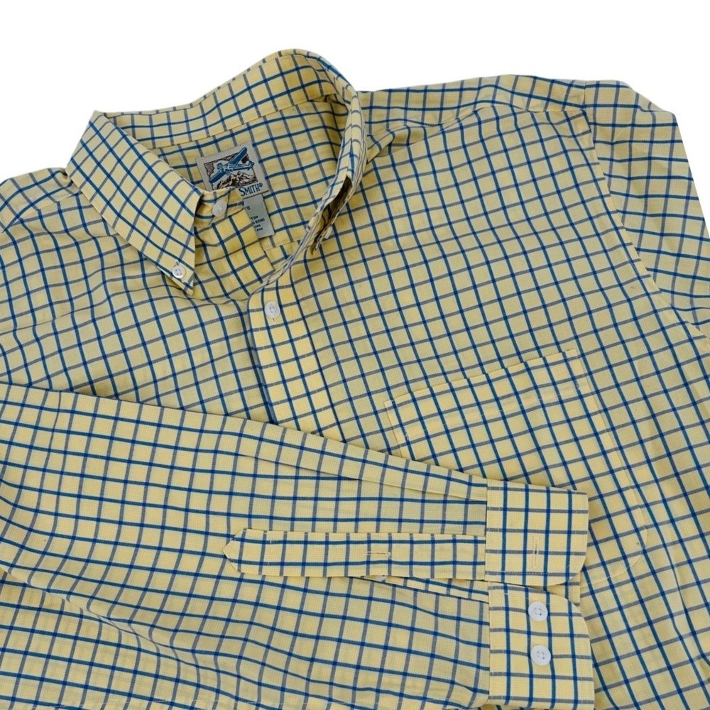TravelSmith Mens Large Yellow Navy Blue Check Long Sleeve Button Down Shirt 8285